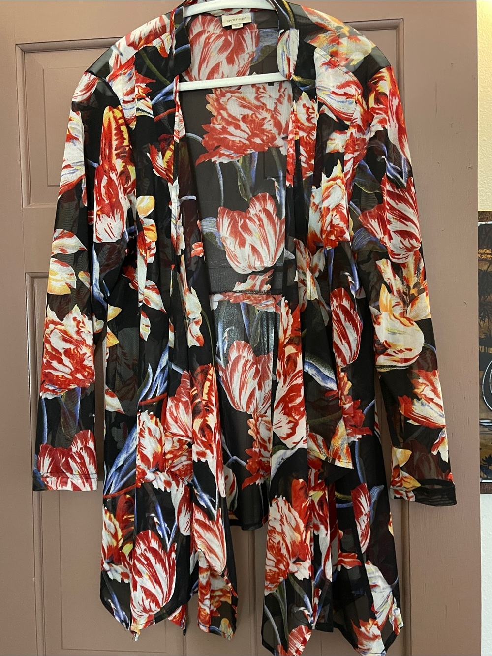 Avenue Size 18-20 Sheer Black Red Blue Gold Floral Duster